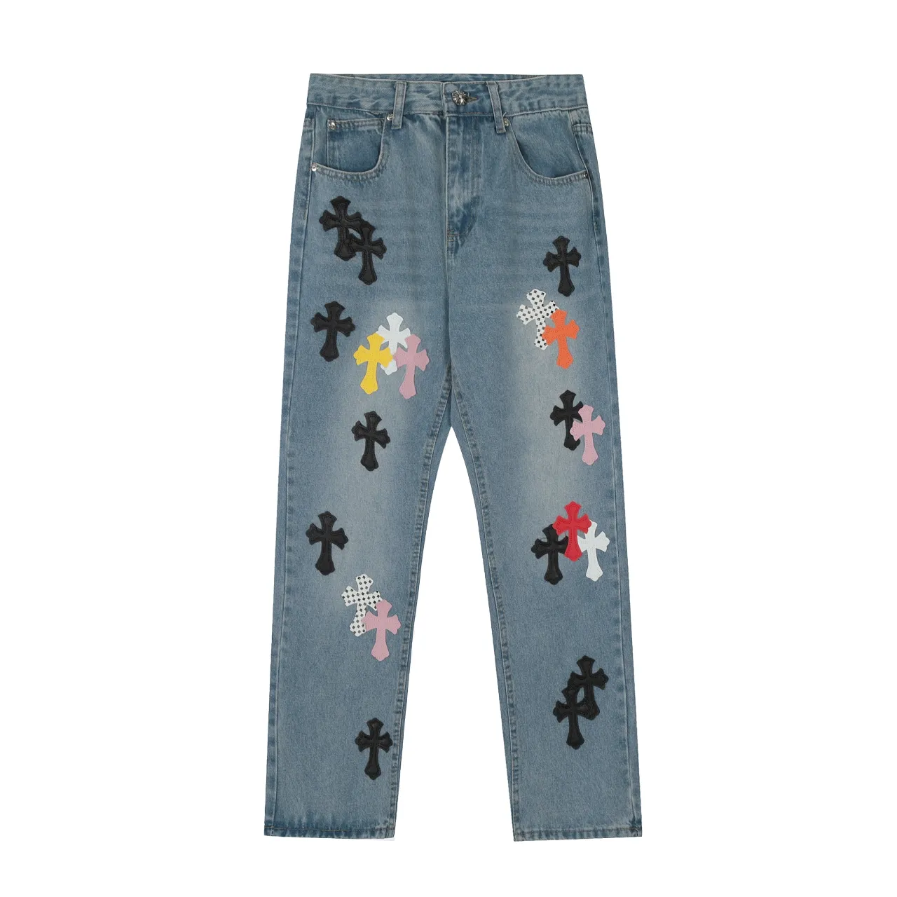 KE974#P250 The only correct leather label version on the market Chrome Hearts CH Cross embroidery distressed jeans Top ceiling quality 100% correct version The correct version is here!  Believe me this must be the best quality you will ever come across! ! Excellent value for money! !  Styles with different washes and textures are very friendly to people with thin legs and thick legs. The straight version is very flattering to the shape of the legs. The moderate length is timeless and easy to match. It is the basis of various styles and a must-have in the wardrobe! ! Add a little stacking to easily control this year's popular clean fit fabric. The fabric is stiff but the upper body is soft without losing texture. The sides and cuffs of some styles have a bone-wash effect. It's really hard not to love it! The outfit effect is immediate! ✅Correctly customize the Croxin metal leather label on the back panel. It is not sold directly with the cross on the finished jeans. 1:1 copying strives for excellence and the details are perfectly grasped. ✅The cross leather label is clear and smooth. Exquisite turning top craftsmanship. ✅Buttons, zippers and hardware are all customized versions of the Croxin LOGO. ✅High-cost washing process. Size: 28 30 32 34 36 (5 sizes)